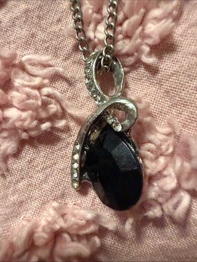 Silver-Tone Necklace with Black Faceted Teardrop Pendant